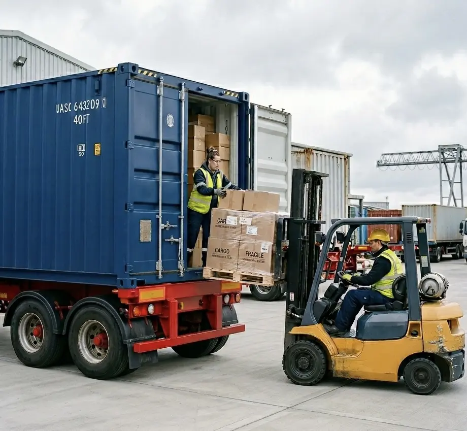 Forklift operator unloading pallets from a shipping container at a freight yard